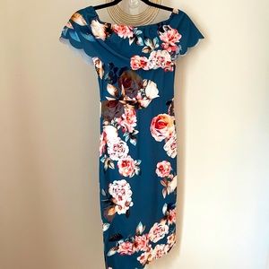 Off the Shoulder Body Con Blue Floral Midi Dress